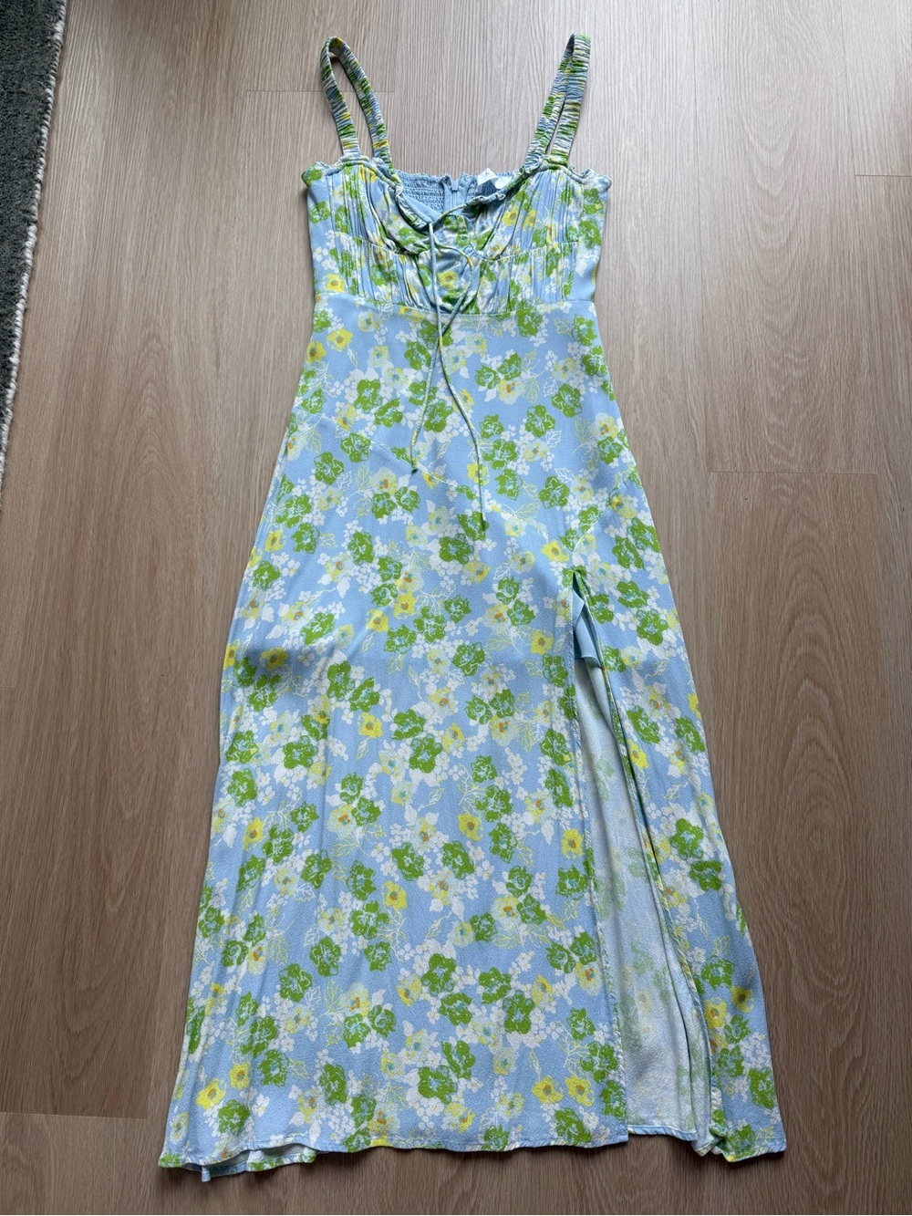 Astr Light Blue Floral Slip Dress with Green & Yellow Accents